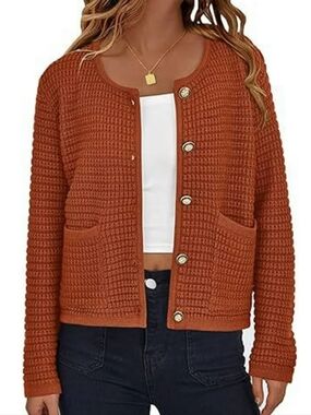 Round-Neck Button Cardigan in Rust